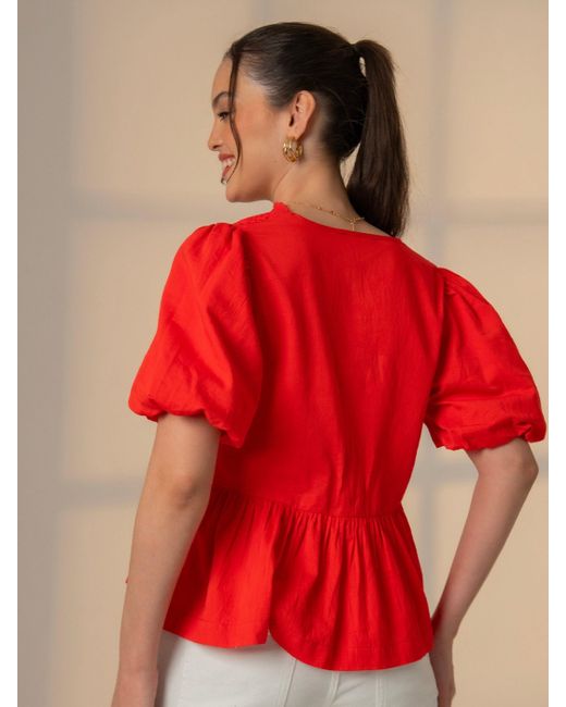 Rose & Nancy Red Haillie Coral Lace Trim Bow Blouse