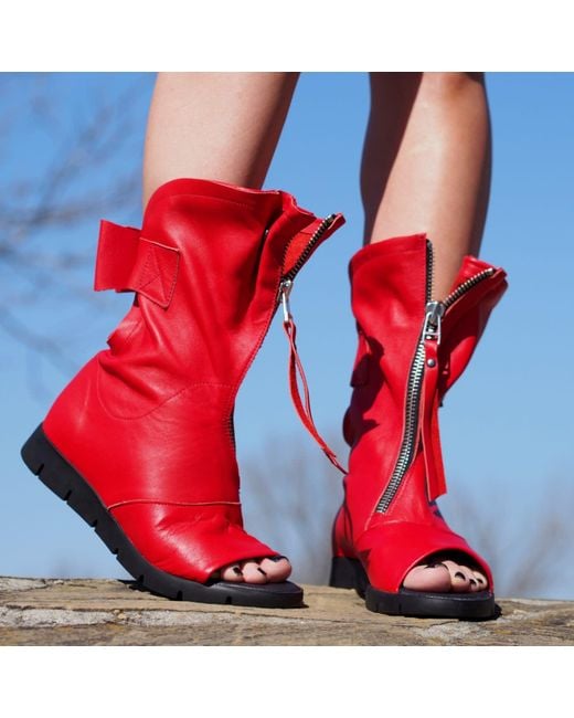 Adrenaline Fashion Red Handcrafted Leather Open-Toe Ankle Boots With Zipper – Genuine Leather Designer Handmade Boots