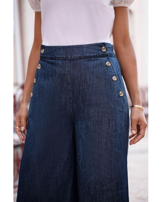 Yumi' Blue Chambray Wide Leg Trousers With Button Details