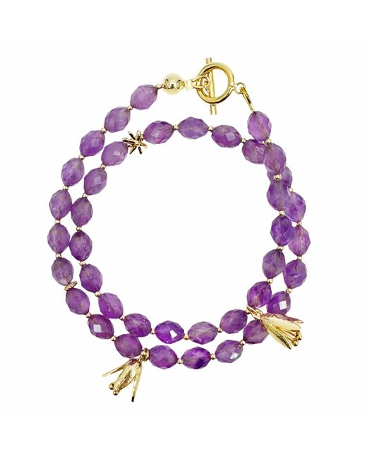 Farra Purple Amethyst With Flower Charms Double Layers Bracelet Or Choker