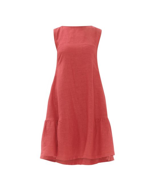 Haris Cotton Red Smock Linen Dress With Ruffle Hem Coral Reef