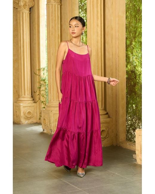 Silk and Bears Purple Valentina 100% Silk Tiered Maxi Dress — Habotai Silk