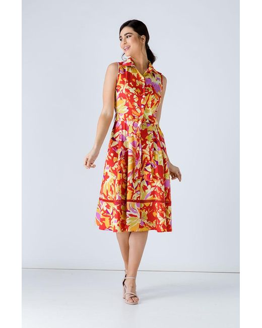 Conquista Orange Button Detail Multicoloured Print Dress