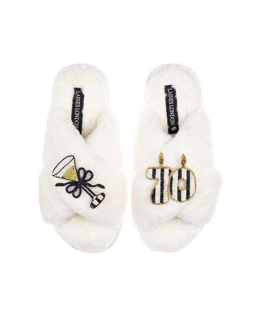 Laines London White Neutrals Classic Laines Slippers With Stripe 70 Th Birthday & Glass Of Champagne Brooches