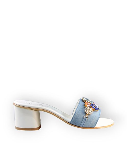 DAMAPREZIOSA Blue Flora Denim Mule Sandals With Sapphire Crystals
