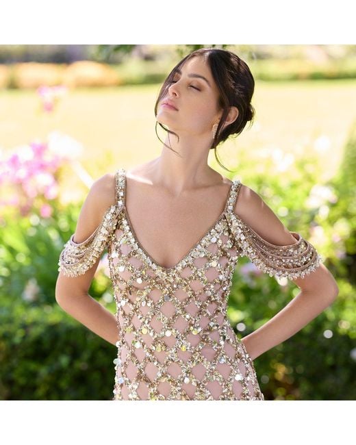 Mac Duggal Natural Sequin Embellished V-Neck Gown