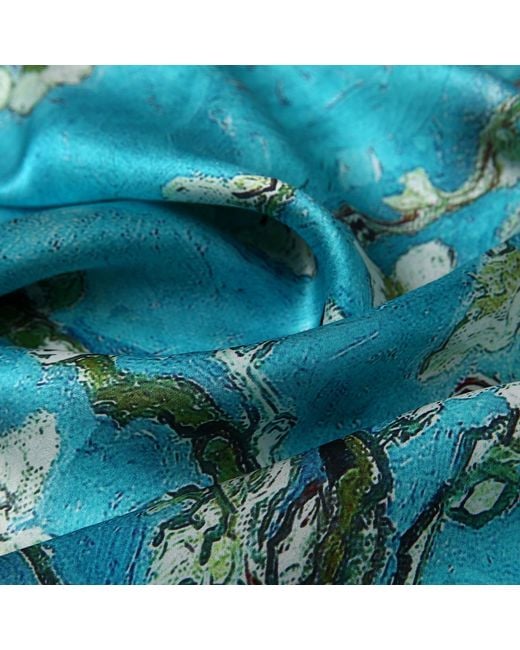 Soft Strokes Silk Blue Pure Silk Scarf Painting Almond Blossom Van Gogh Small
