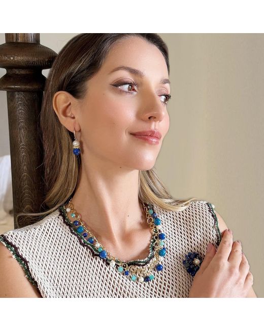 Farra Blue Royal Lapis & Pearl Floral Dangle Earrings