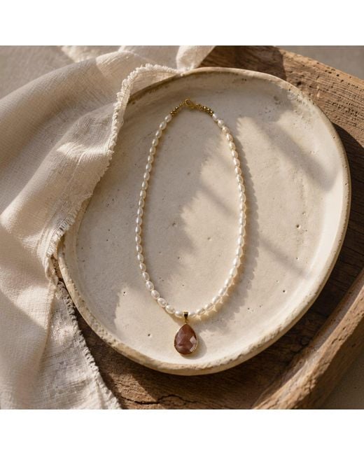 ORIGIN OF HEARTS Metallic Neutrals Terra Necklace – Freshwater Pearl & Moonstone Pendant Necklace