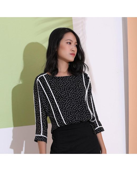 Smart and Joy Black Chambray Blouse With Polka Dots
