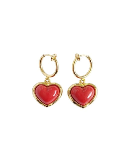 POPORCELAIN Red Porcelain Heart Clip-On Hoop Earrings