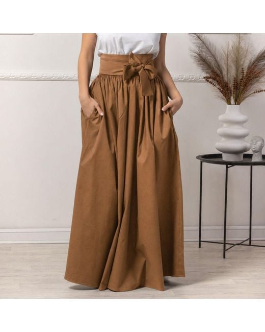 Nikka Place Brown Long Pleated High Waisted Skirt With Bow And Pockets