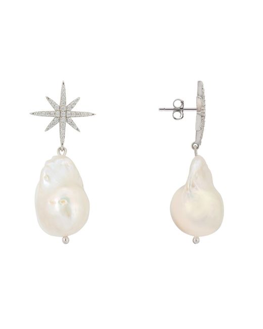 Latelita London White Baroque Pearl Star Burst Drop Earrings Silver