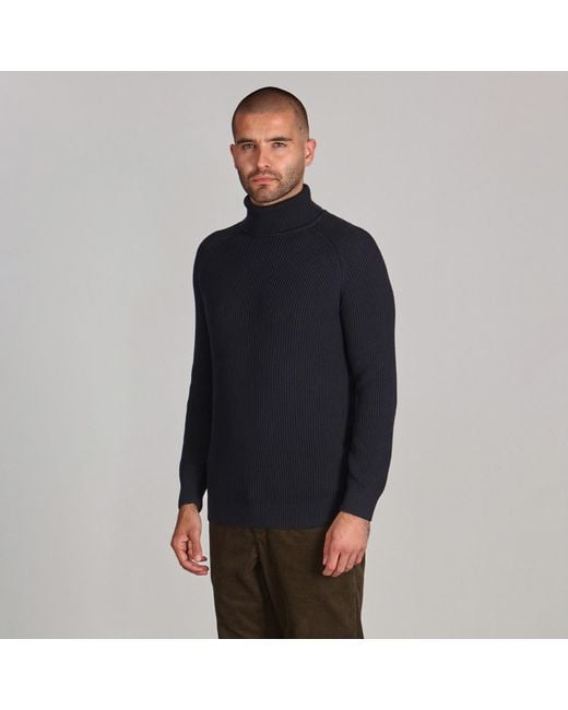 Paul James Knitwear Blue Midweight Cotton Bernard Ribbed Roll Neck Jumper for men