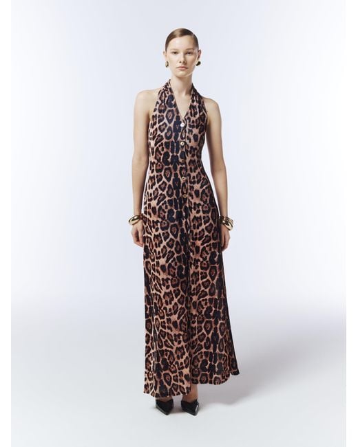 Sour Figs Brown Neutrals Button-Front Halterneck Leopard Velvet Maxi Dress