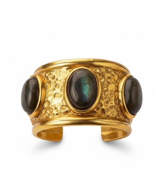 Silver & Elegant Co. Yellow Obsidian Oracle Three Stone Thick Plated Bronze Ring