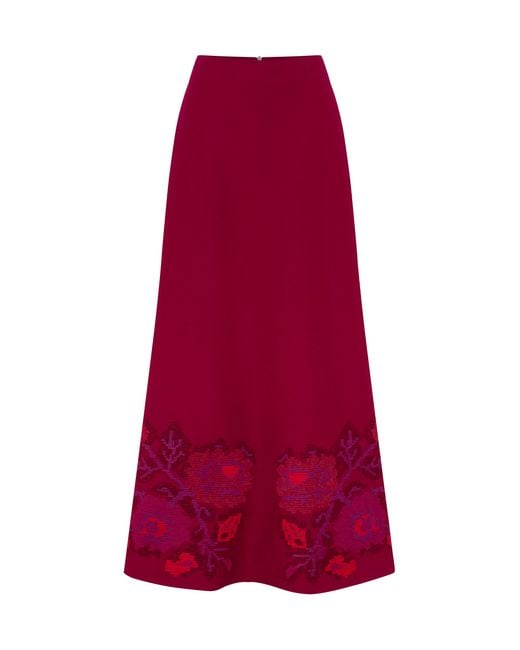 Annabo Crimson Pixel Rose Embroidered Wool Maxi Skirt