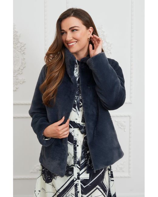 ISSY LONDON Blue Ava Lighterweight Faux Fur Jacket Slate
