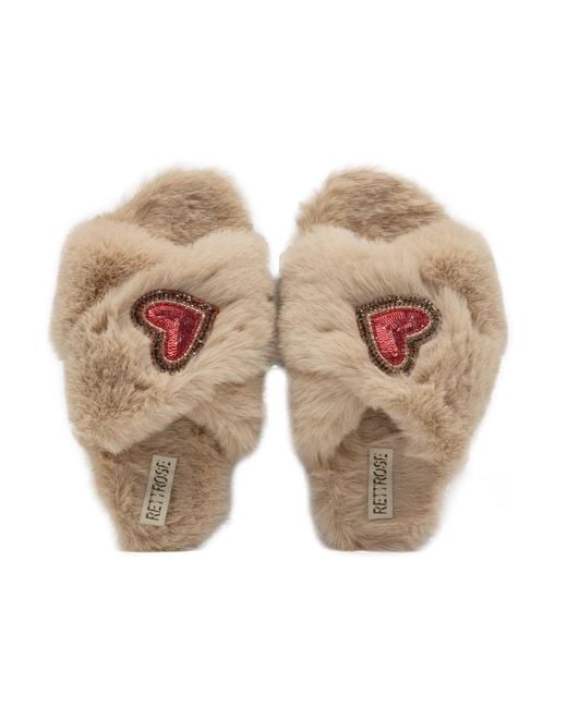 Rettrose Natural Neutrals Amour Mink Luxury Plush Diamanté Heart Embellished Handmade Slipper