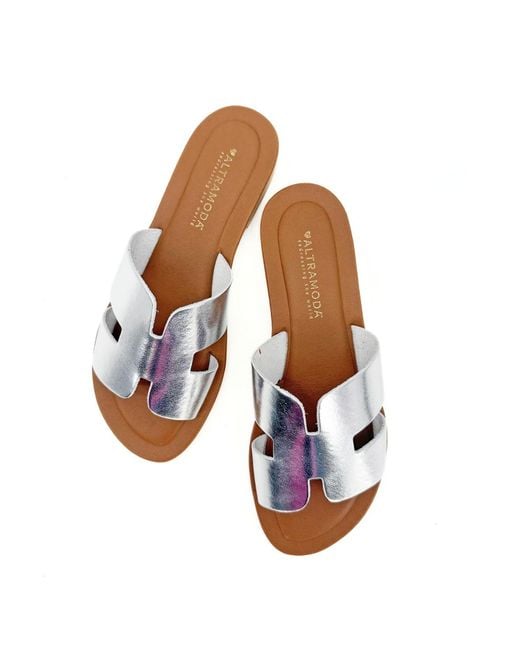 Altramoda Redressing the World Brown Elegant H-Strap Natural Leather Slides For –