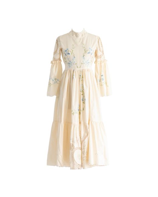 Sugar Cream Vintage Natural Re-design Upcycled Bell Sleeved Floral Embroidery Maxi Dress