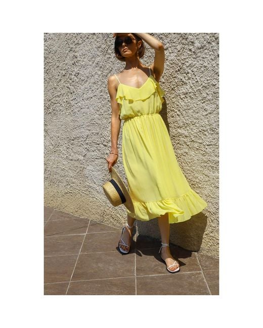 2KStyle Yellow Amalia Ruffle Spaghetti Straps Viscose Midi Dress