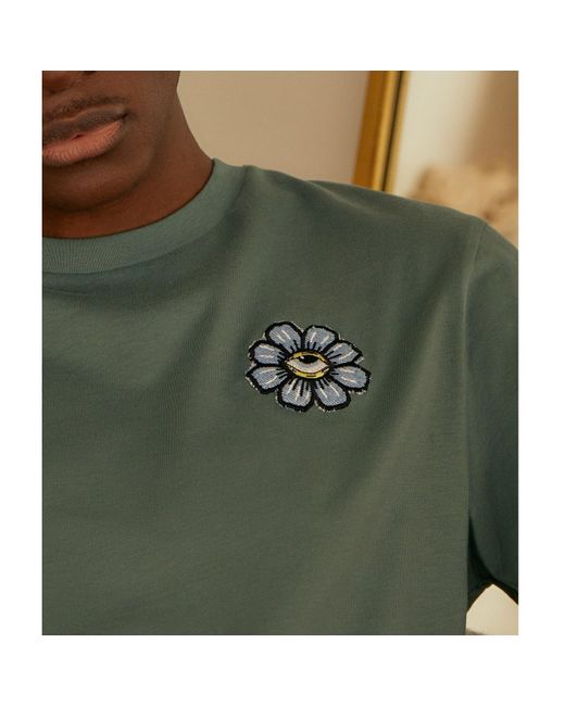 INGMARSON Green Blue Eyed Flower Upcycled Appliqué T-shirt for men