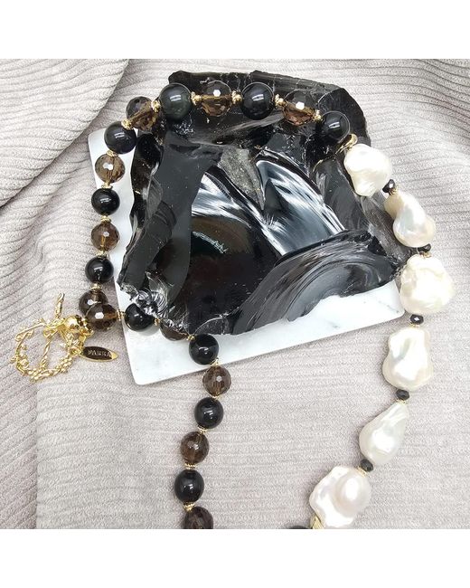 Farra Black Quartz And Obsidian With Baroque Pearl Statement Necklace