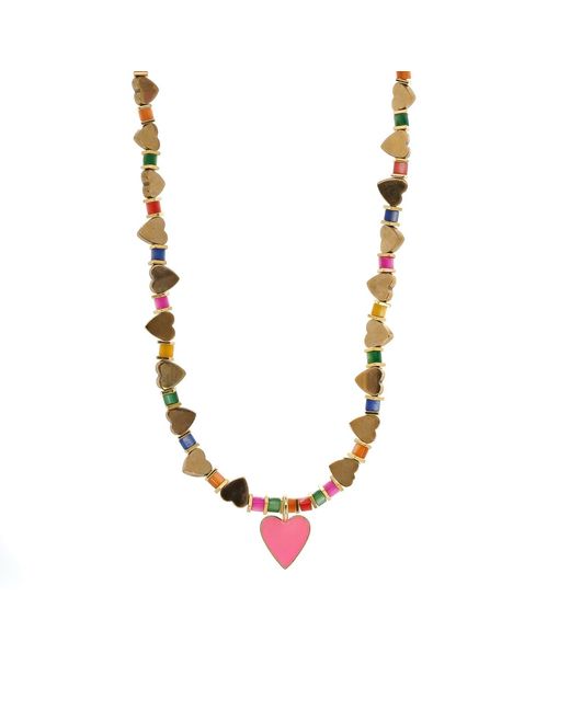 Ebru Jewelry Metallic Heart Pendant Heart Beaded Colorful Necklace