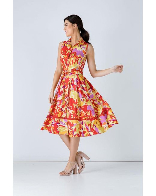 Conquista Orange Button Detail Multicoloured Print Dress