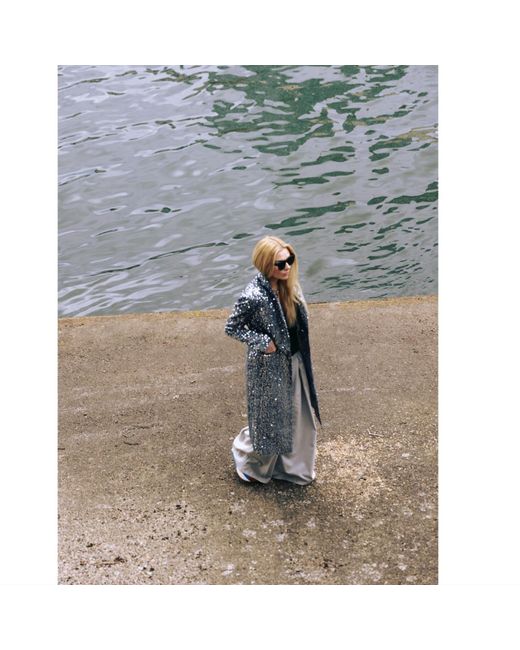 Julia Allert Gray Velvet Sequined Midi Single-breasted Coat