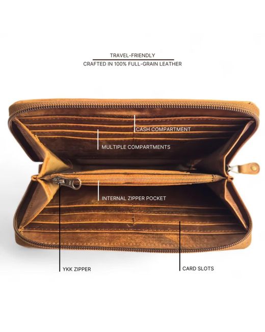 Hides Leather Co. Brown Handmade Leather Zip Wallet, Iridescent Midi Travel Organizer