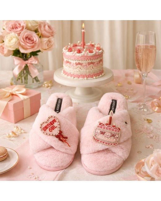 Laines London Pink Classic Laines Slippers With Birthday Girl Brooches