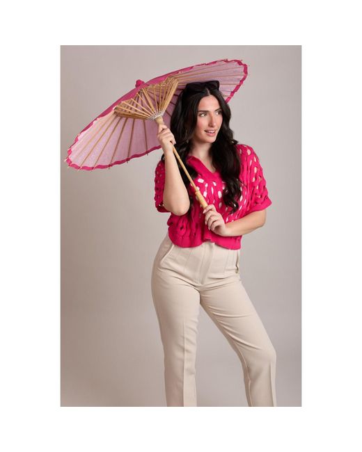 Saachi Pink Knit Cut-Out Collared Fuchsia Shirt