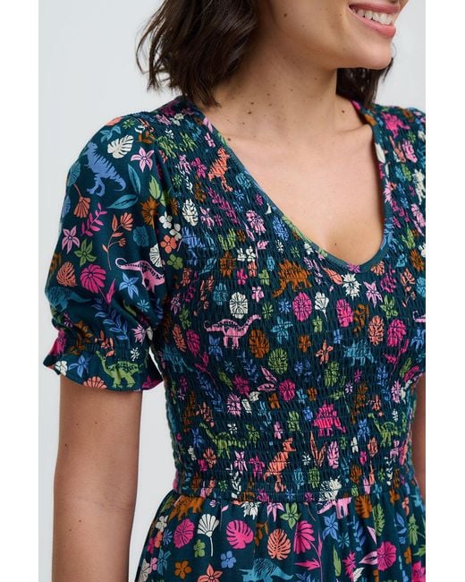 Sugarhill Blue Daphne Shirred Jersey Midi Dress, Multi, Hidden Dinosaur