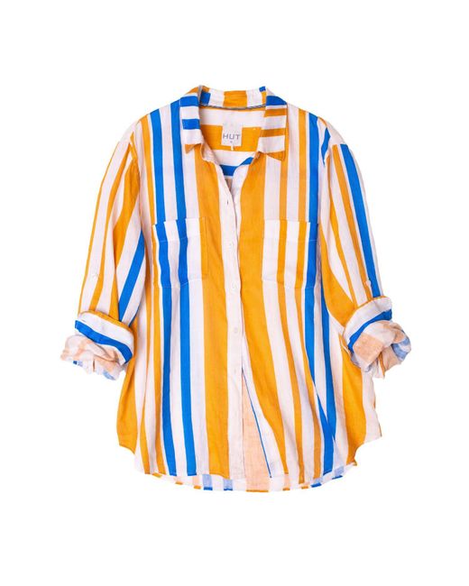 Hut Noosa Blue Zanzibar Stripe Oversized Boyfriend Linen Shirt