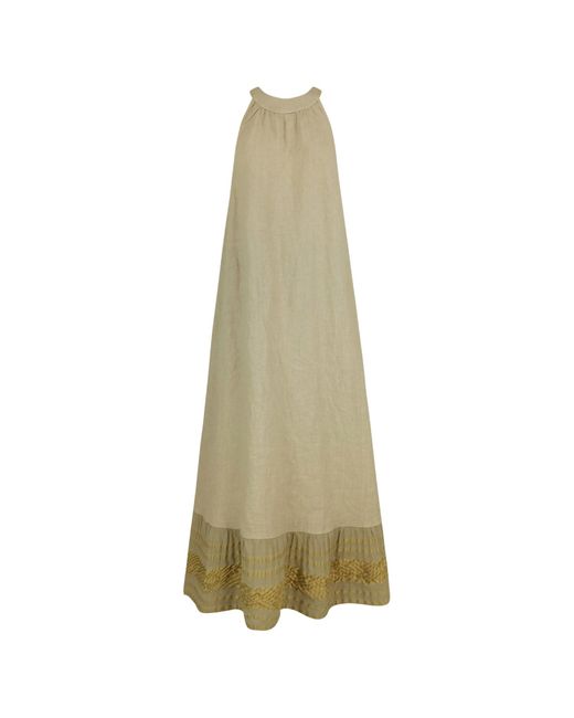 Haris Cotton Green Neutrals Halter Neck Maxi Linen Dress With Embroidered Cotton Panels