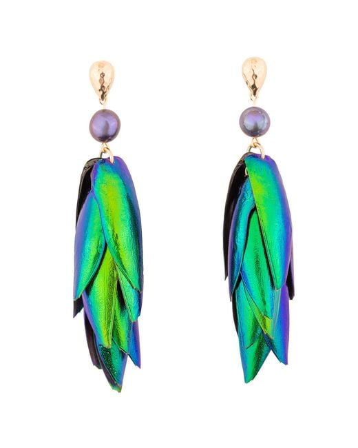 Oana Savu Green Beetle Wings Metallic Earrings Peacock Freshwater Pearls Drop Ear Studs