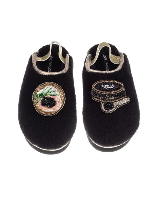 Laines London Black Flatform Cloud Closed Toe Slippers With Caviar & Blini Brooches