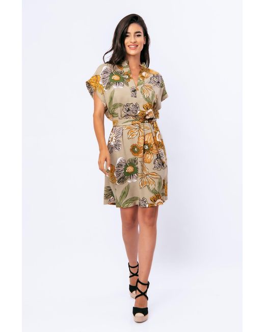 Conquista Metallic Linen Style Bold Floral Print Dress With Mandarin Collar