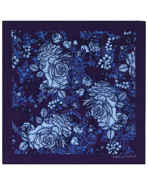 Lords of Harlech Blue Hudson Roma Floral Merino Handkerchief Pocket Square for men