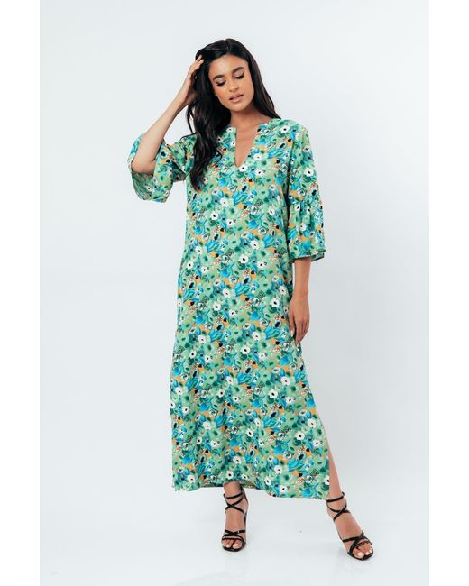 Conquista Green Floral Kaftan Style Maxi Dress