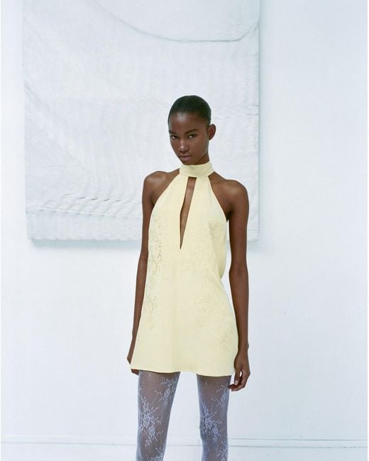 Maison sél Yellow Embroidered Mini Dress