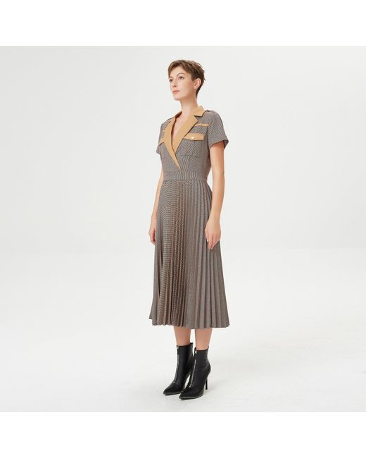 Smart and Joy Brown Prince Of Wales Fabric Pleated Dress