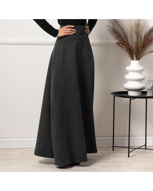 Nikka Place Black Long Wool A-Line Skirt With High Waist And Pockets