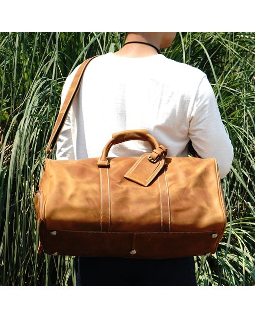 Touri Brown Leather Weekend Bag With Shoe Storage for men