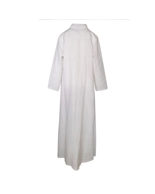 Haris Cotton White Maxi Curve Linen Dress With Front Pleat And Lapels