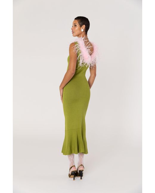 Andreeva Green Chrysanthemum Knit Dress With Real Ostrich Feathers Details