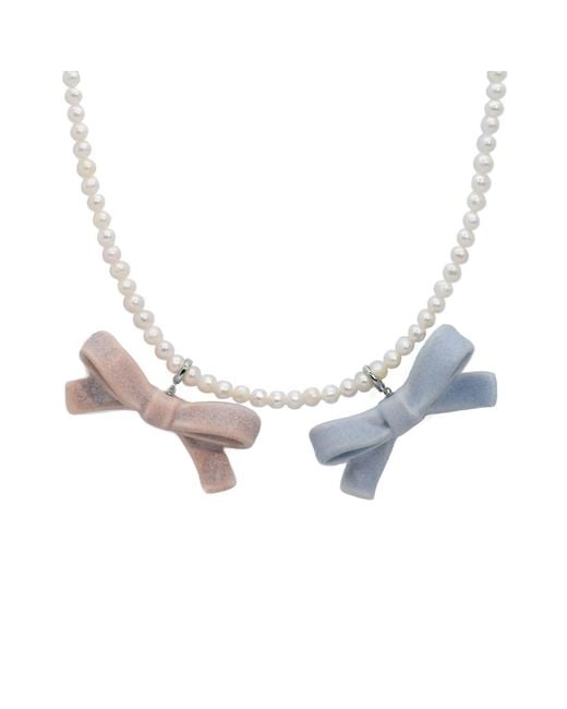 H2 Studio Blue Bowtie Maniac Medium Ceramic Ribbon Bowtie Round Baroque Freshwater Pearl Multi Charms Necklace And Set