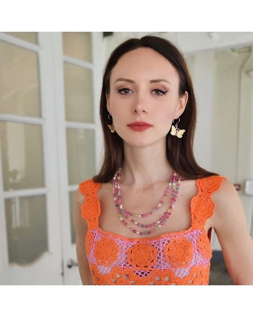 Farra Metallic Butterfly With Rose Quartz Stone Earrings